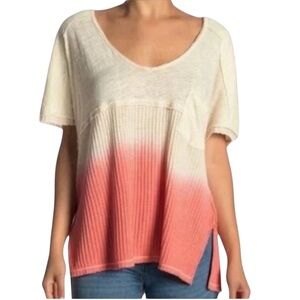 We The Free Ombre Dip Dyed Tee Shirt Scoop Neck Short Sleeve Linen Blend Medium